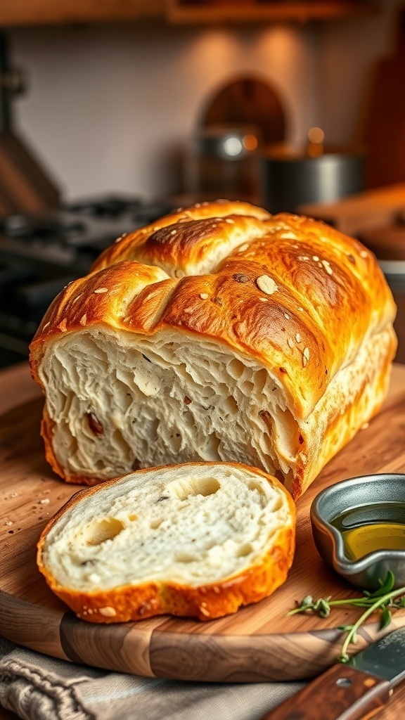 A golden brown loaf of homemade bread on a cutting board, with slices cut and olive oil in a bowl.